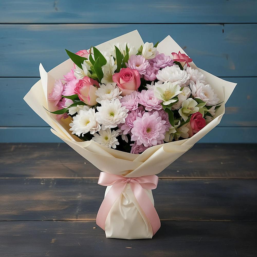 Букет цветов из: Хризантемы, Альстромерии и Розы в Никульское